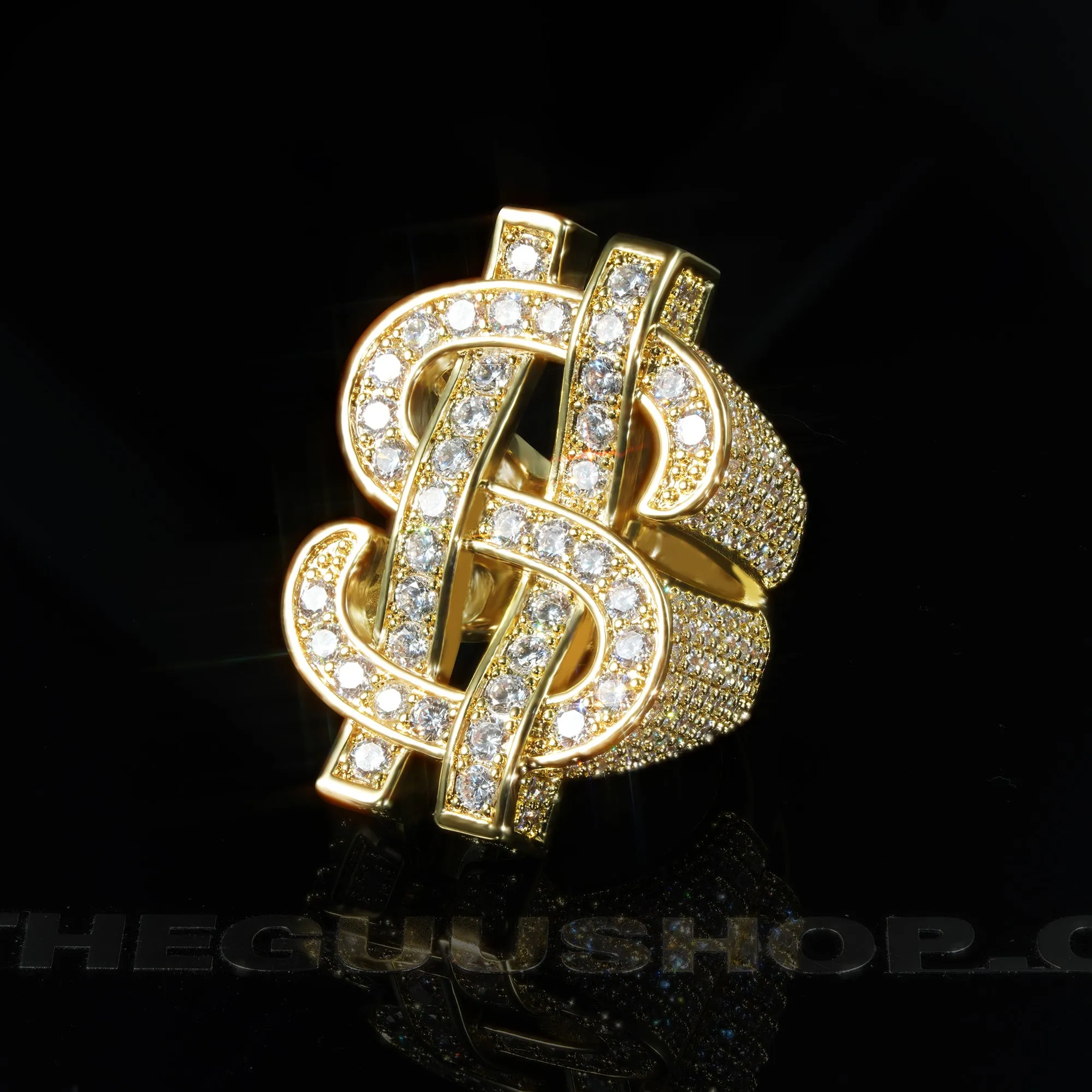 18K Yellow Gold-Plated Iced  AAA CZ Hollow US Dollar Ring