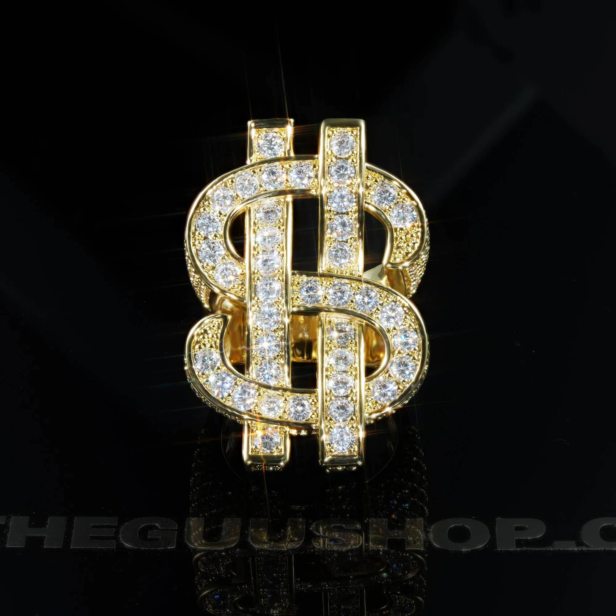 18K Yellow Gold-Plated Iced  AAA CZ Hollow US Dollar Ring