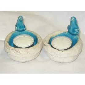 Birds Turquoise Ceramic Candleholders - Tea Lights Set of 2 Made in Israel By Feingold