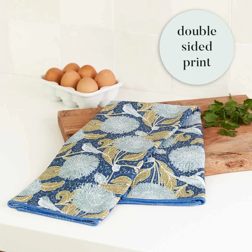 Chrysanthemum blu Kitchen Tea Towel-Double Side Printed