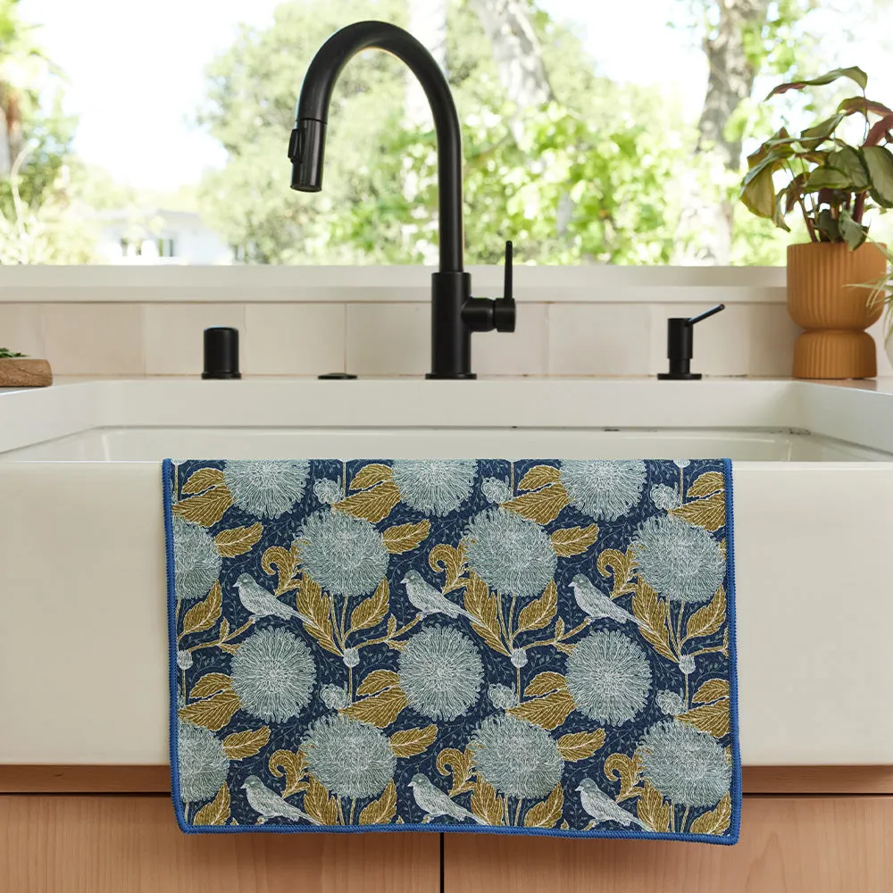 Chrysanthemum blu Kitchen Tea Towel-Double Side Printed