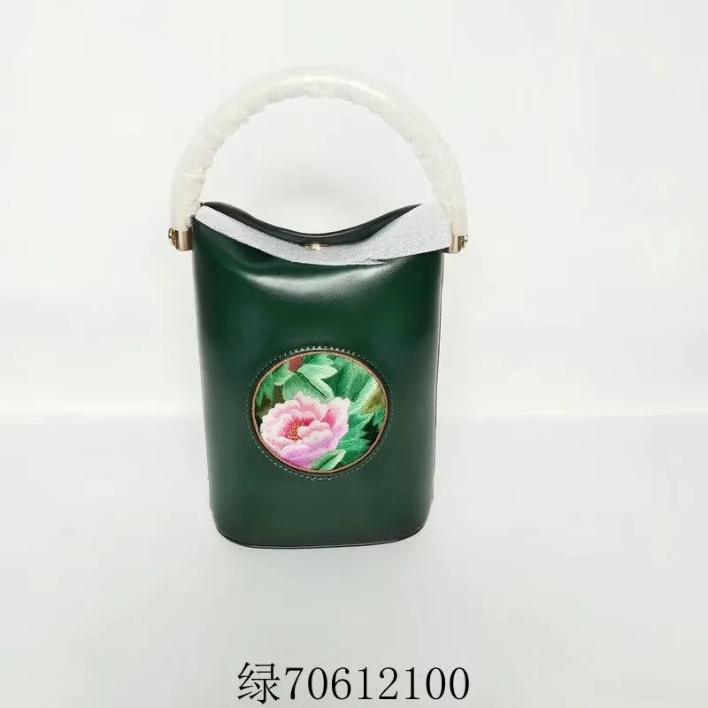 Classic hand su embroidery metal cowhide bag mini bucket pail shoulderbag handbag