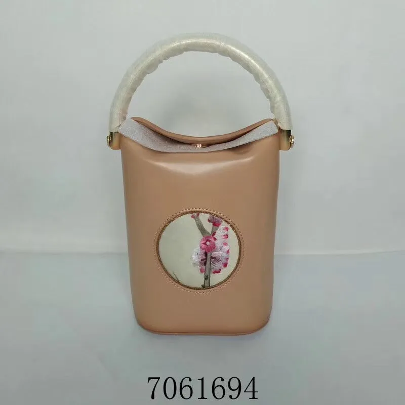 Classic hand su embroidery metal cowhide bag mini bucket pail shoulderbag handbag