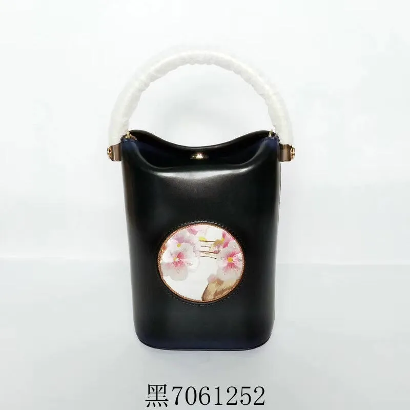 Classic hand su embroidery metal cowhide bag mini bucket pail shoulderbag handbag