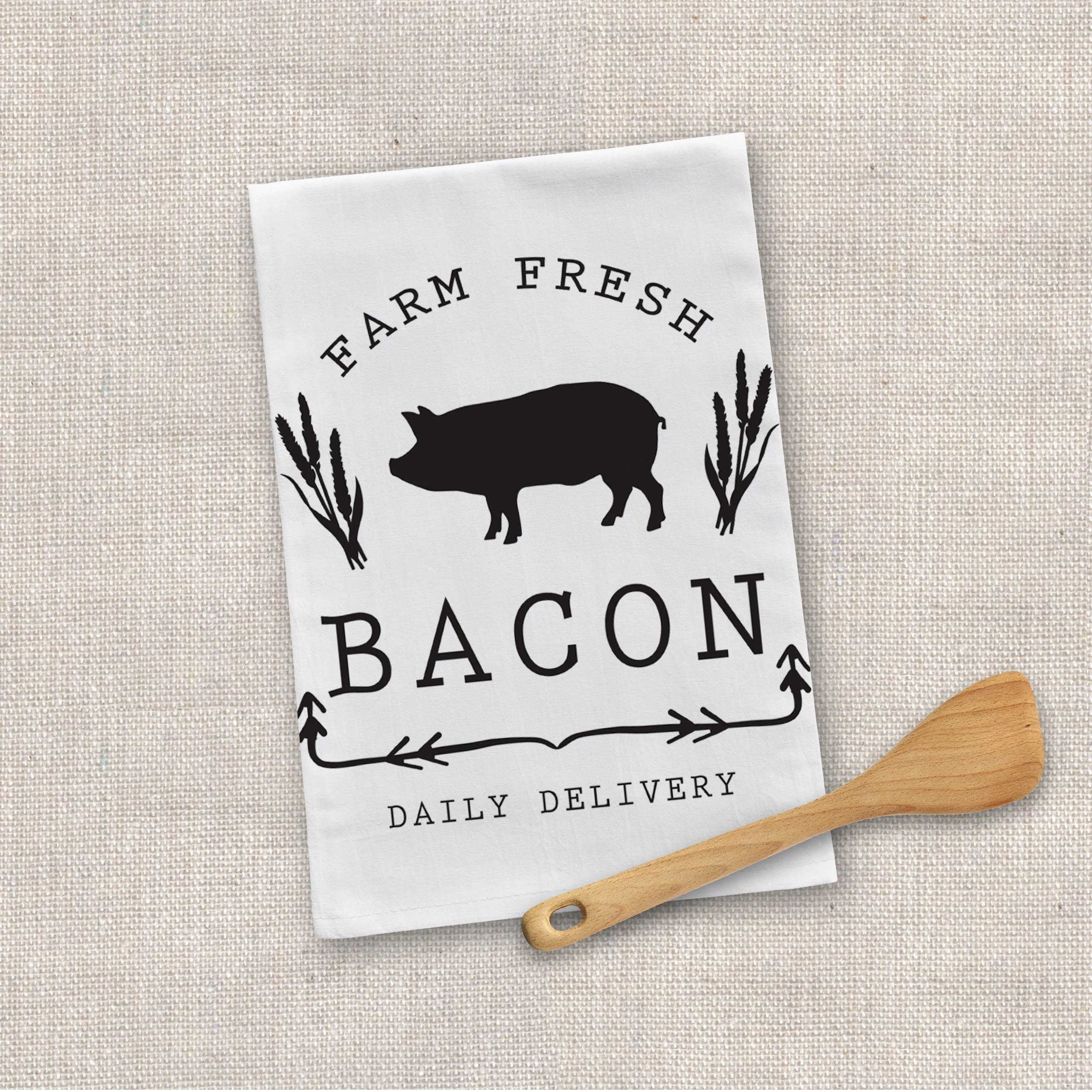 Cotton Tea towel | farm fresh bacon flour sack dish towel | pig daily delivery kitchen towel