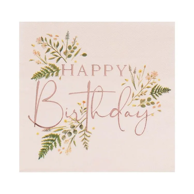 Ginger Ray Floral Pink Happy Birthday Napkins - 16 Pkt