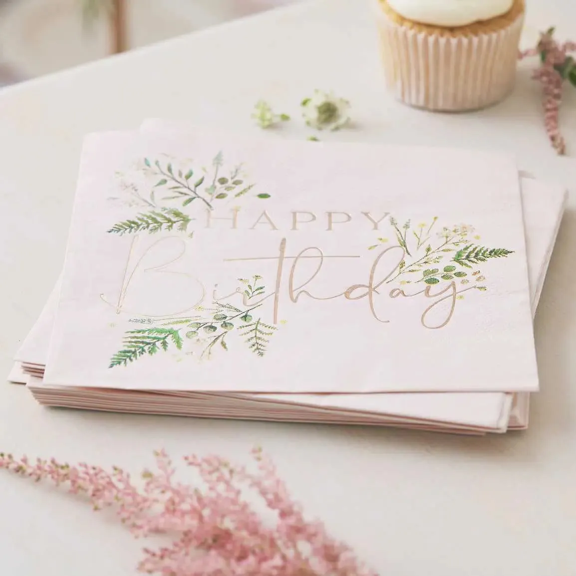 Ginger Ray Floral Pink Happy Birthday Napkins - 16 Pkt