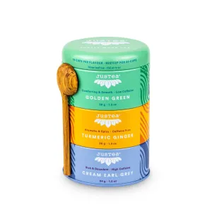 JusTea - Assorted Trio Tin & Spoon - Organic Black, Green, Herbal Tea