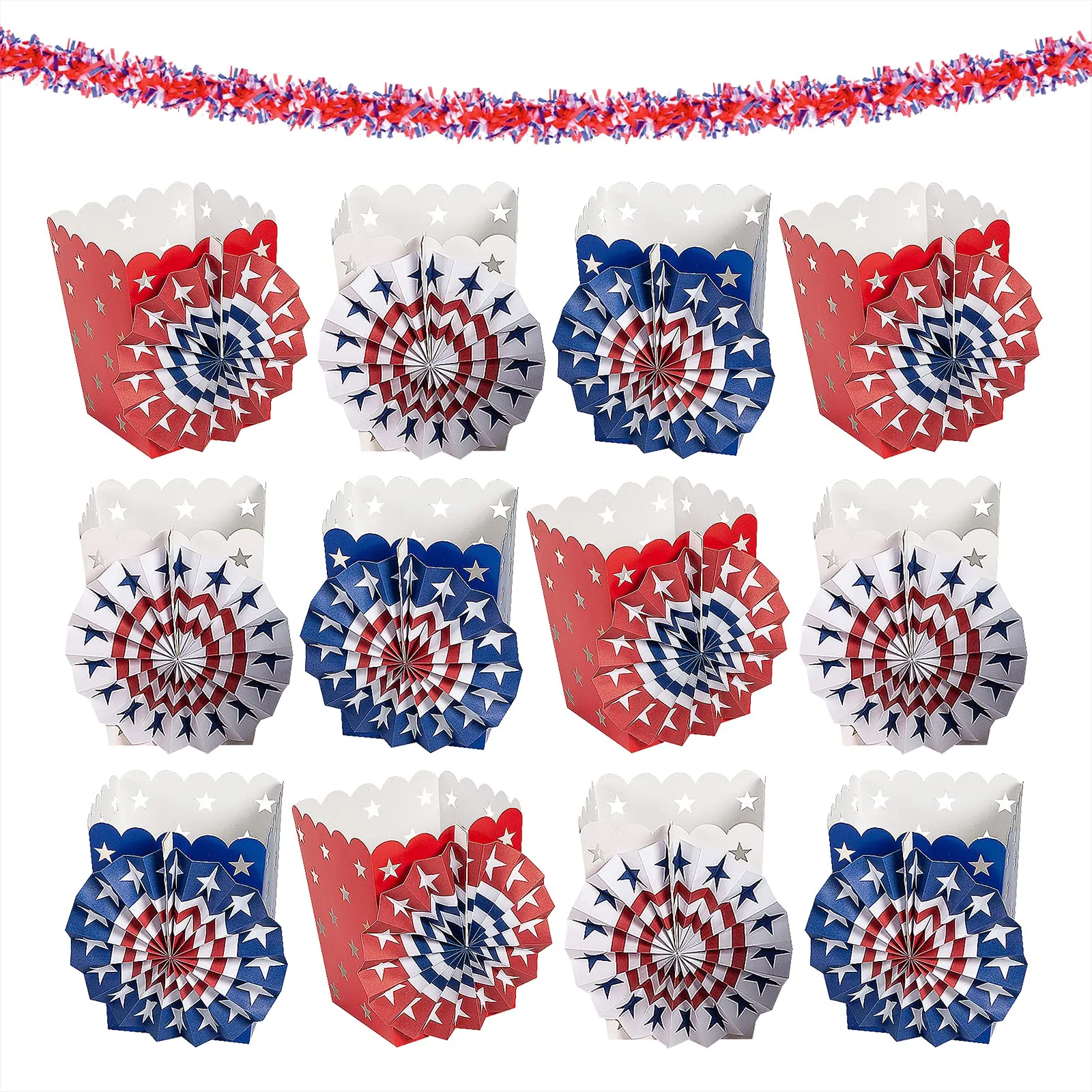 Patriotic Party Paper Fan Luminary Bags and Tissue Tinsel Garland Set