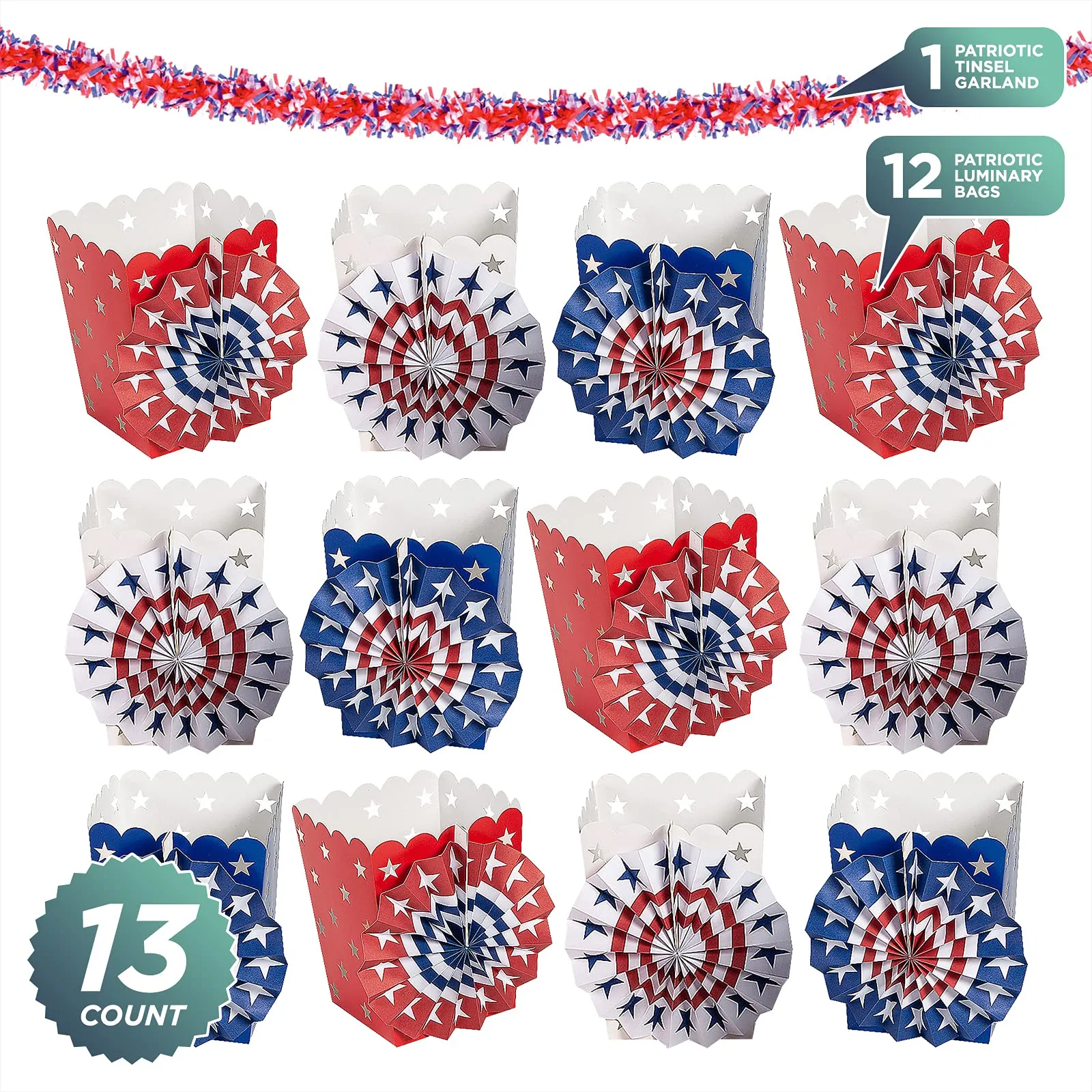 Patriotic Party Paper Fan Luminary Bags and Tissue Tinsel Garland Set