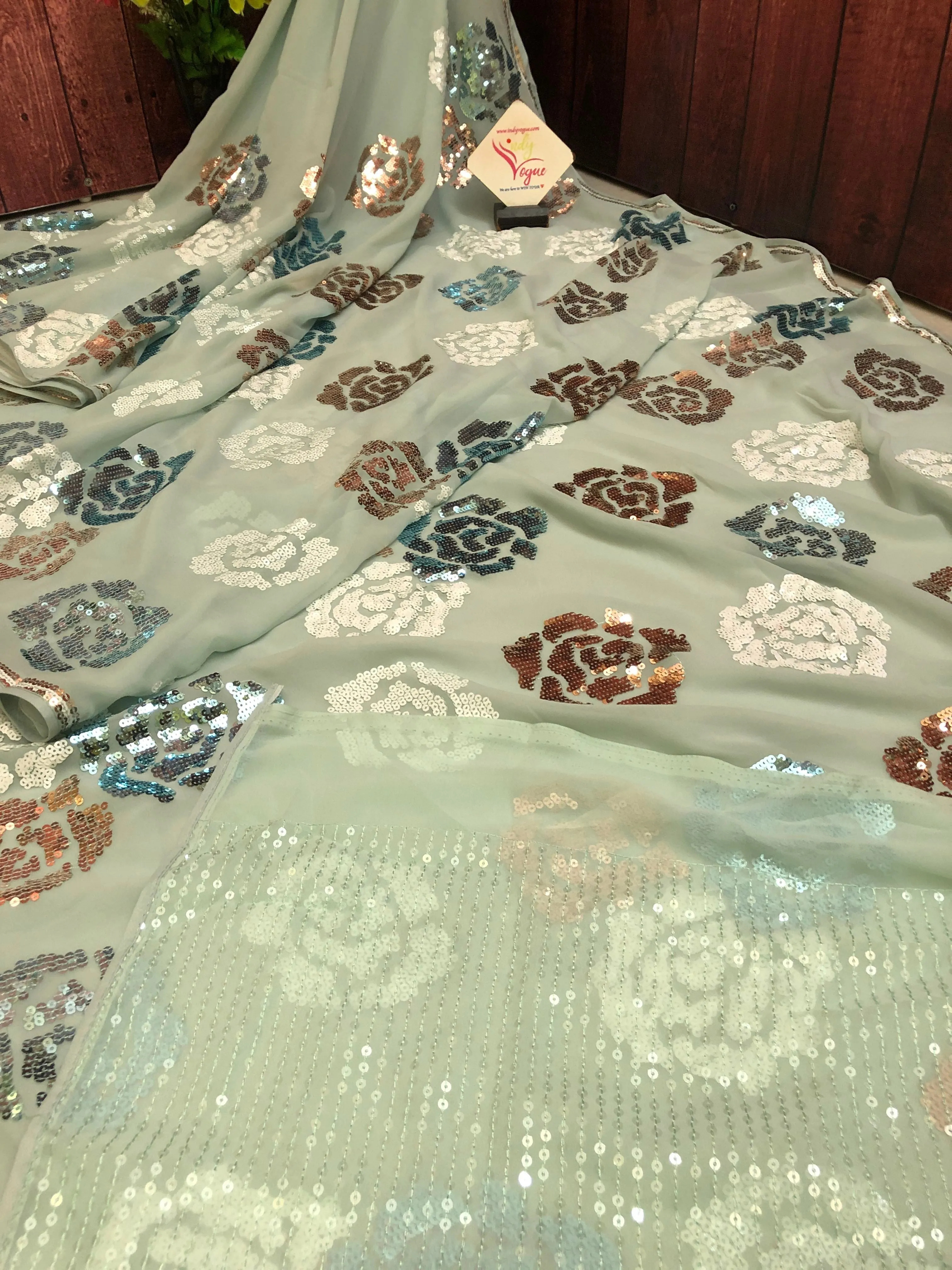 Tea Green Color Designer Georgette Saree with Sequin Work